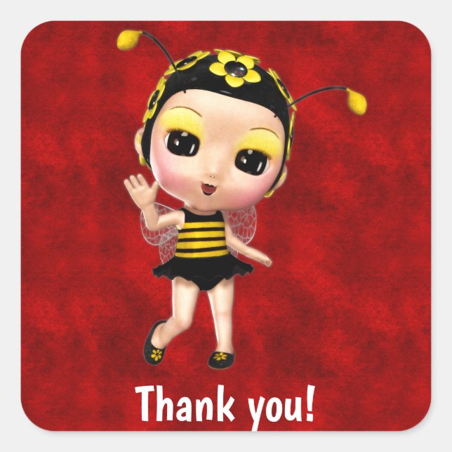 Little Yellow Bumblebee Fairy Doll auf Red Velvet Quadratischer Aufkleber (Vorderseite)
