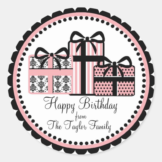 Littlebeane Pink und Black Birthday Geschenkklamme Runder Aufkleber (Vorderseite)