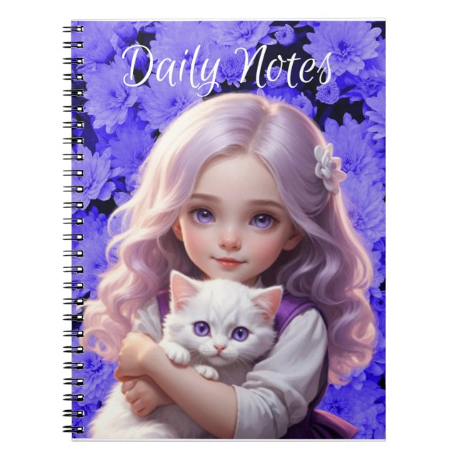 LittleGirl White Kitten Purple Flowers Notebook Notizblock (Vorderseite)