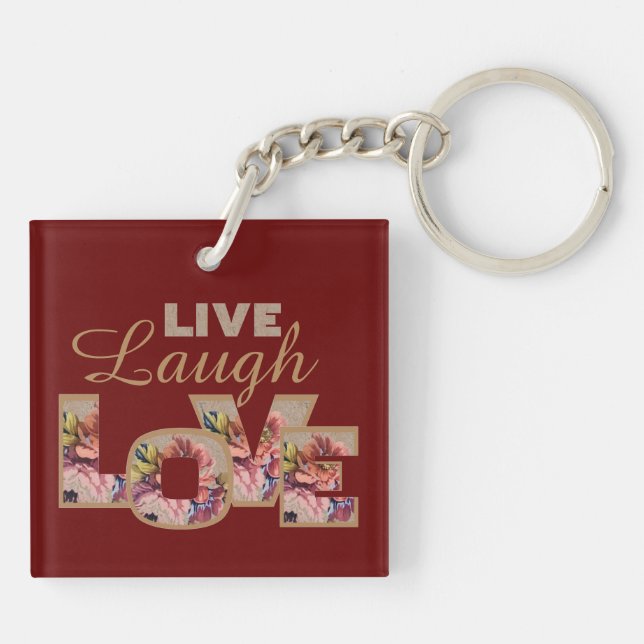 Live, Laugh, Love Rustic Floral on Burgundy Schlüsselanhänger (Rückseite)