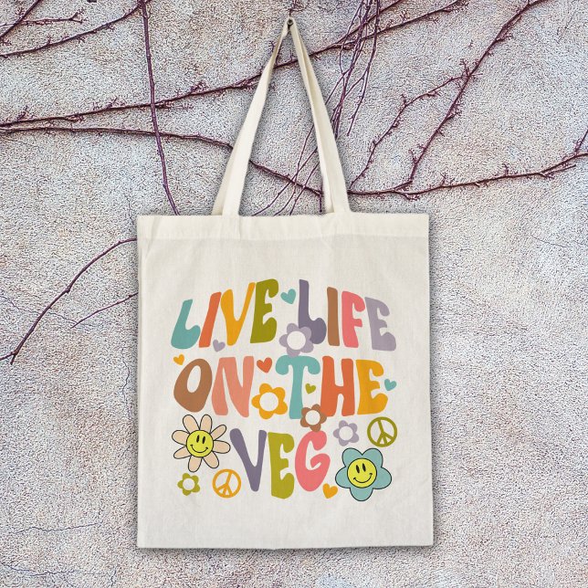 Live-Leben auf dem Veg, trendige Blume Retro Vegan Tragetasche (Von Creator hochgeladen)