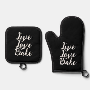 Live Liebe Bake Funny Schwarz-weiß Modern Script Ofenhandschuh & Topflappen-Set