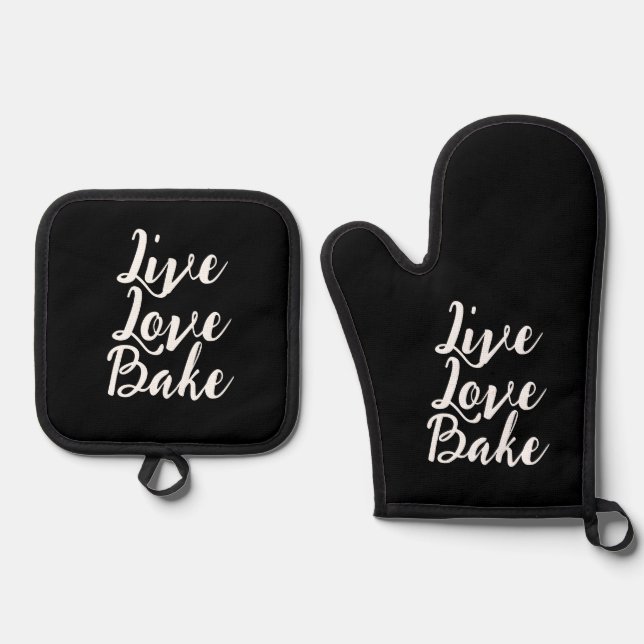 Live Liebe Bake Funny Schwarz-weiß Modern Script Ofenhandschuh & Topflappen-Set (Vorderseite)