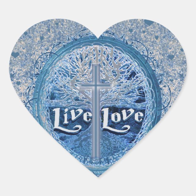 Live Liebe Cross Blue Tree of Life Pattern Herz-Aufkleber (Vorderseite)