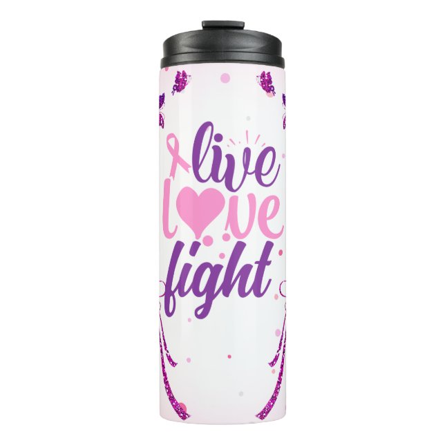 Live Liebe Kämpfen Rosa und Lila Bewusstsein Thermosbecher (Vorderseite)