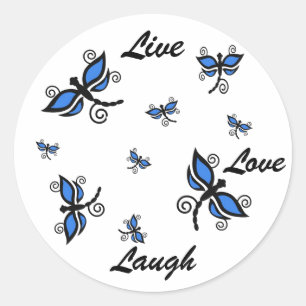 Live, Liebe, Lachen, blaue digitale Kunstlibellen Runder Aufkleber