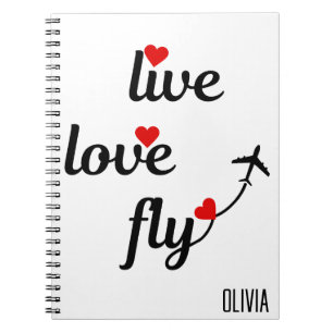 Live Love Fly Typografie & Herzen, Flugzeug fliegt Notizblock