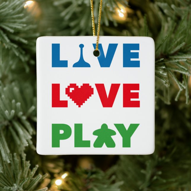 Live, Love, Play Colorful Text Ceramic Ornament (Baum)