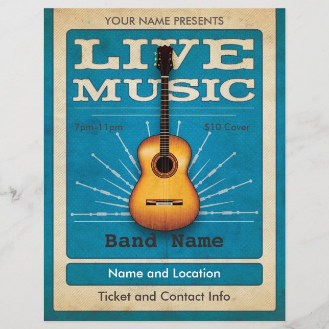 Live Music Acoustic Gitarre Flyer Blau (Vorne)