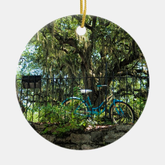 Live Oak-Baum und klassisches Fahrrad Keramik Ornament (Vorne)