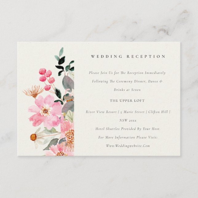 Live rosa florale Hochzeitsempfehlung Begleitkarte (Vorderseite)