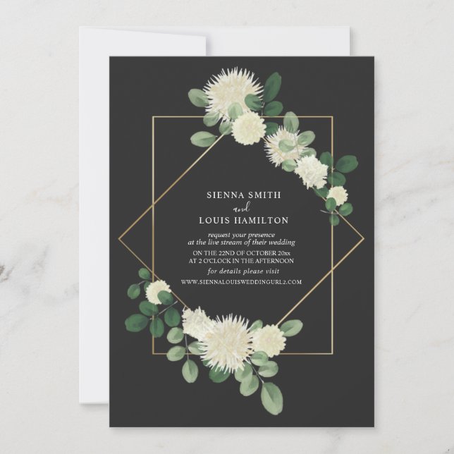 Live Stream Virtual Wedding Floral Botanical Gray Einladung (Vorderseite)