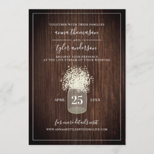 Live Stream Virtual Wedding Rustic Mason Jar Wood Einladung