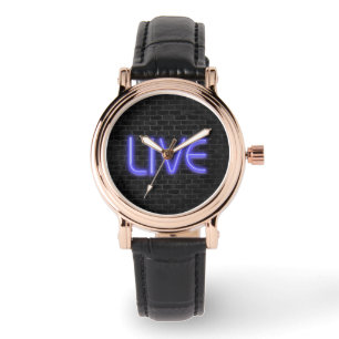 LIVE Text in Neonbeleuchtung auf Backstein Armbanduhr