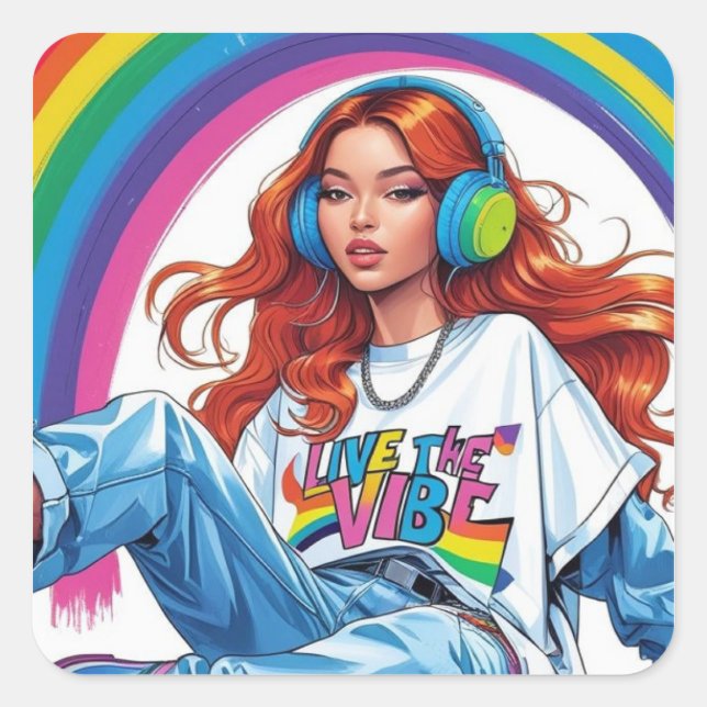 Live the Vibe Girl Quadratischer Aufkleber (Vorderseite)