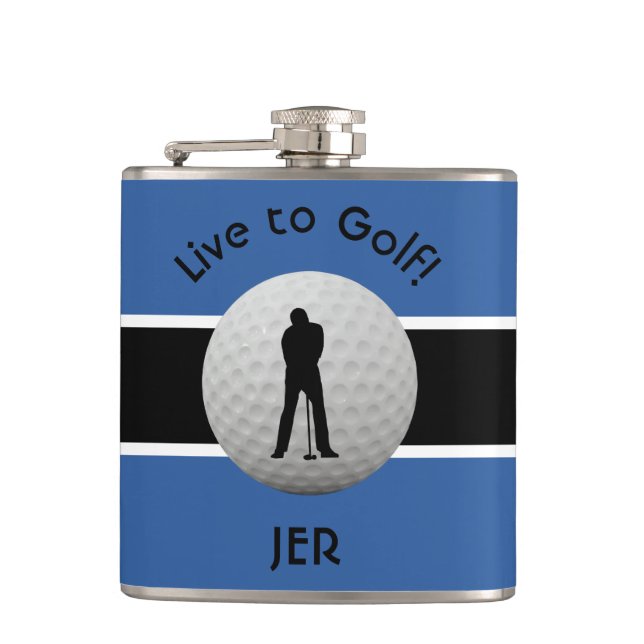 Live to Golf Quote Mit Monogramm Initialen Blue Bl Flachmann (Vorderseite)