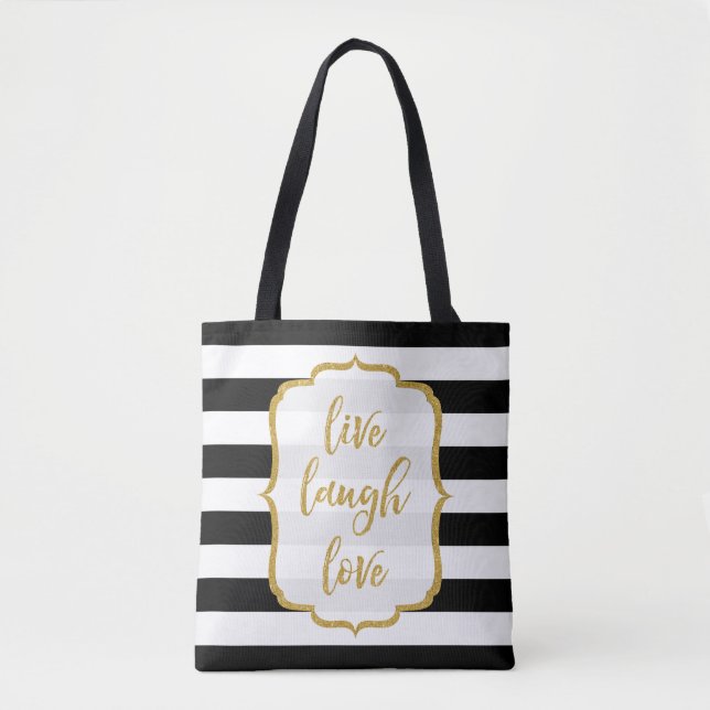 Livelachen-Liebe-Zitat-GoldGlitzer BW-Streifen Tasche (Vorderseite)