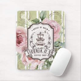 Lively desk decor Pink floral Vintage coffee logo  Mousepad