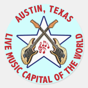 Livemusik-Hauptstadt Austins, Texas der Welt Runder Aufkleber