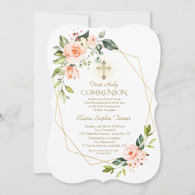 Living Coral Blume Gold Frame Heilige Kommune Einladung (Vorderseite)