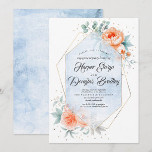 Living Coral Dusty Blue Floral Engagement Party Einladung