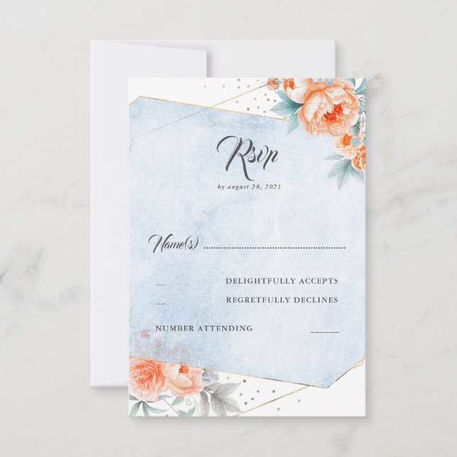 Living Coral Dusty Blue Floral Wedding RSVP (Vorderseite)