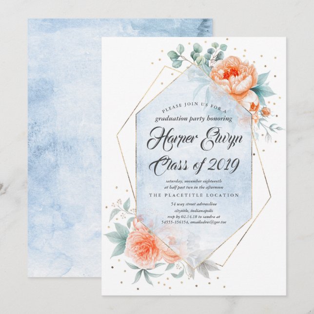 Living Coral Dusty Blue Modern Floral Abschluss Einladung (Vorne/Hinten)