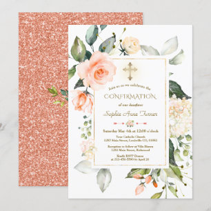 Living Coral Floral Frame Glitzer Taufe Einladung