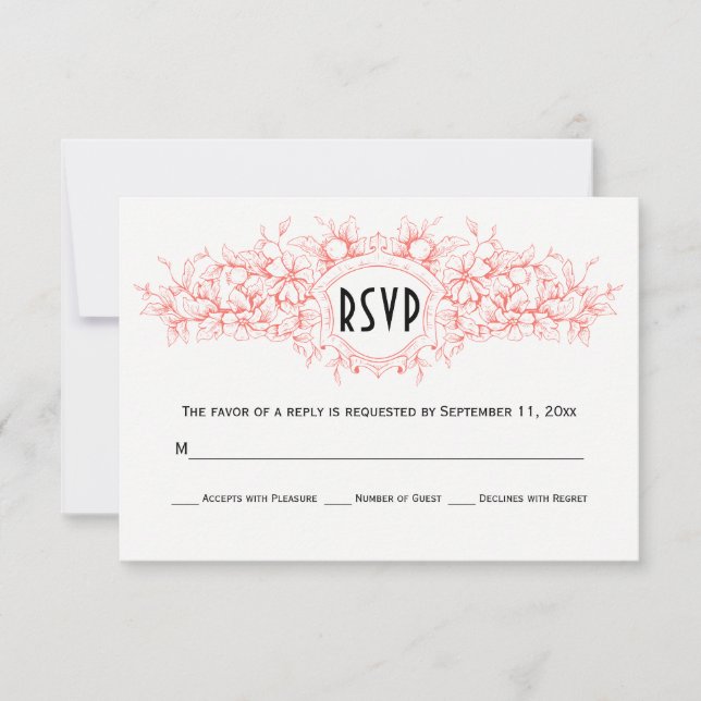 Living coral floral heraldic Wappen Hochzeit RSVP (Vorderseite)