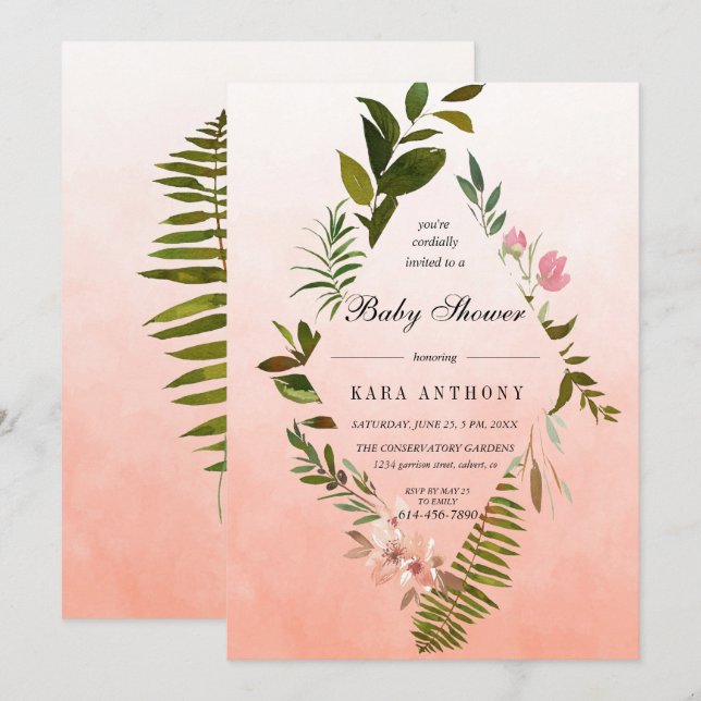 Living Coral Ombre Forest Fern Baby Dusche Einladung (Vorne/Hinten)