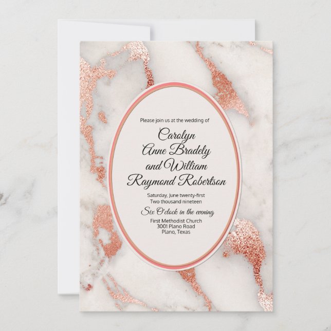 Living Coral und Marmor Rose Gold Hochzeit Einladung (Vorderseite)