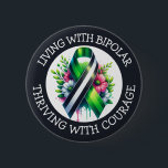 Living with Bipolar | Thriving with Courage Button<br><div class="desc">Buttons to help spread awareness for Bipolar Disorder with a black, white and green striped awareness ribbon with an inspirational quote.</div>
