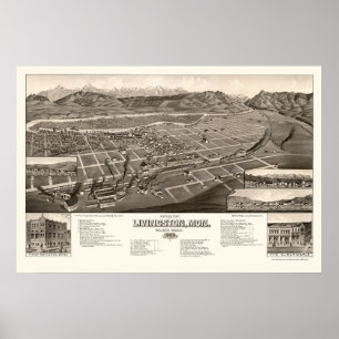 Livingston, MT Panorama Karte - 1884 Poster