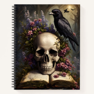 Livre crâne corbeau et fleurs carnet gothique