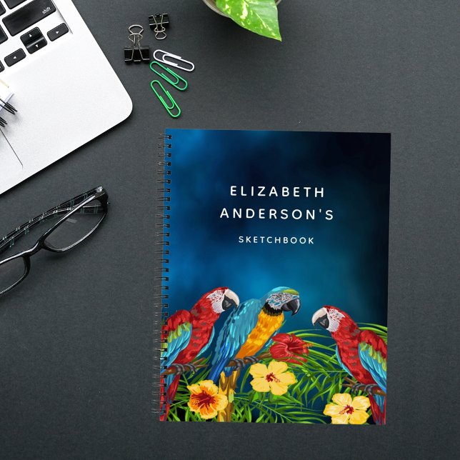 Livre de croquis perroquets oiseaux fleurs bleues (Créateur téléchargé)