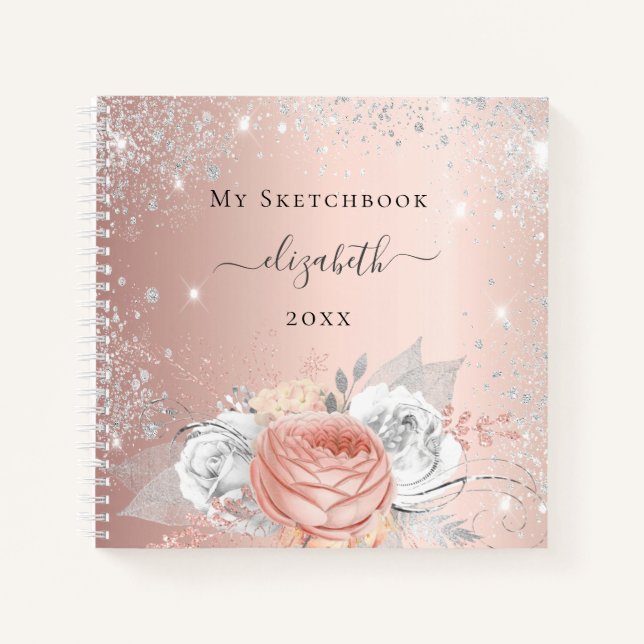 Livre de croquis rose or fleurs argent brillant (Devant)