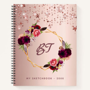 Livre de croquis rose or fleurs bordeaux monogramm
