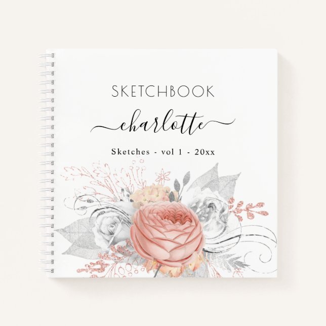 Livre de croquis rose or floral argent feuillage (Devant)