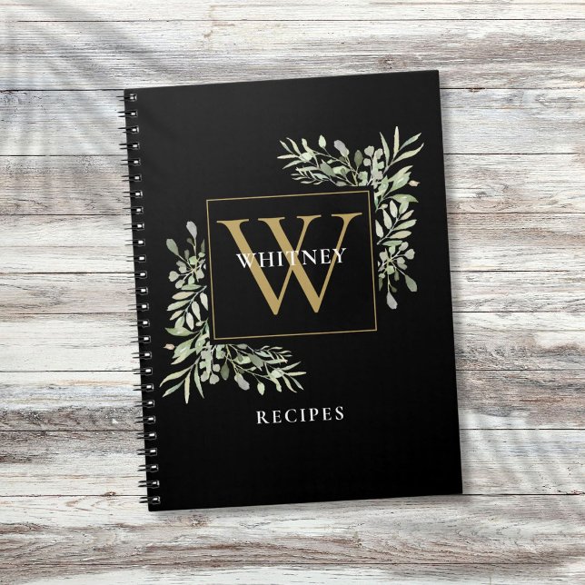 Livre de recettes élégant monogramme noir or vert (Elegant Gold Black Monogram Greenery Recipe Notebook)