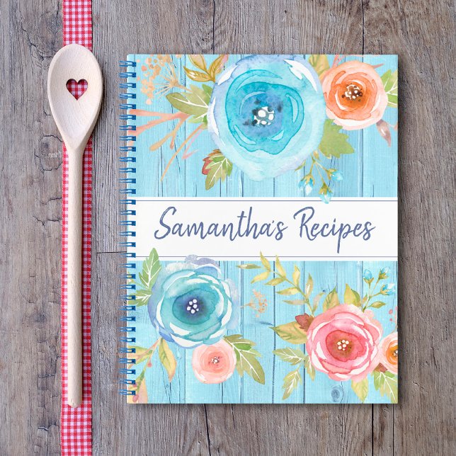 Livre de recettes floral rustique aquarelle bleu b (Créateur téléchargé)