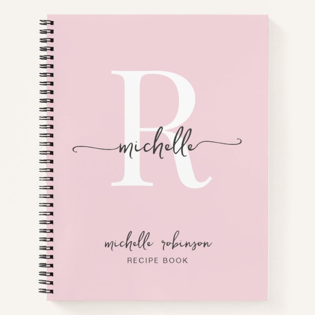 Livre de recettes rose pâle élégant Monogramme Nom (Devant)