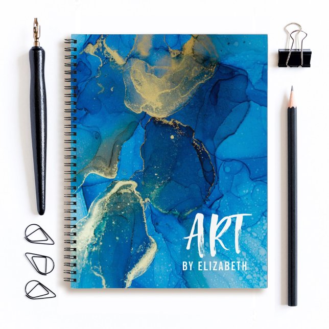 Livre d'esquisse Personnalisé Elégant Blue Waterco (An elegant blue and gold marble sketchbook. Personalize it with your name.
)