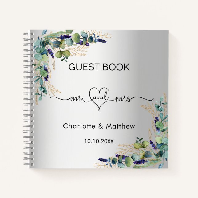 Livre d'hôte mariage argent eucalyptus m. mrs (Devant)