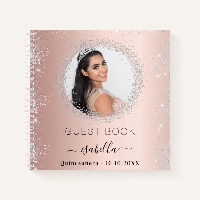 Livre d'hôte Quinceanera rose or argent photo (Devant)