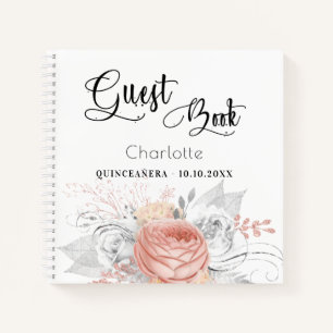 Livre d'hôte Quinceanera rose or floral argent