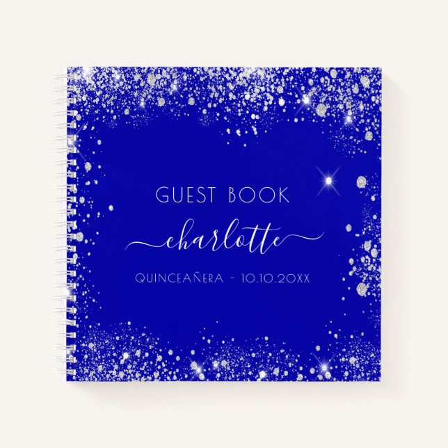 Livre d'hôte Quinceanera royal bleu argent parties (Devant)