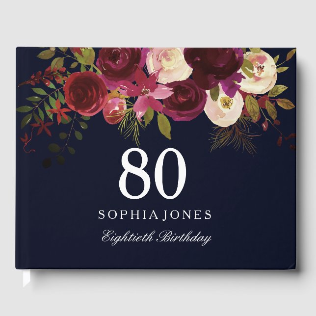 Livre d'hôtes 80th Birthday Red Floral Navy de Bou (Recto)