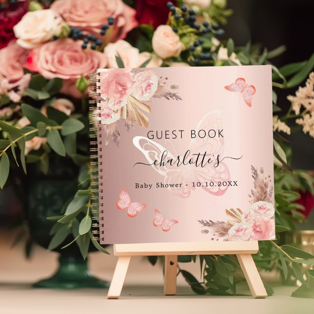 Livre d'hôtes Baby shower rose d'or papillon boho (Créateur téléchargé)
