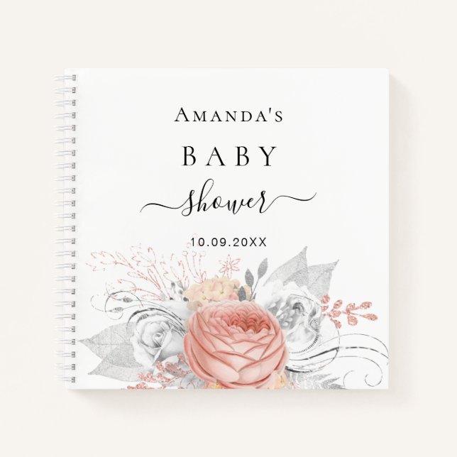 Livre d'hôtes baby shower rose or floral argent (Devant)