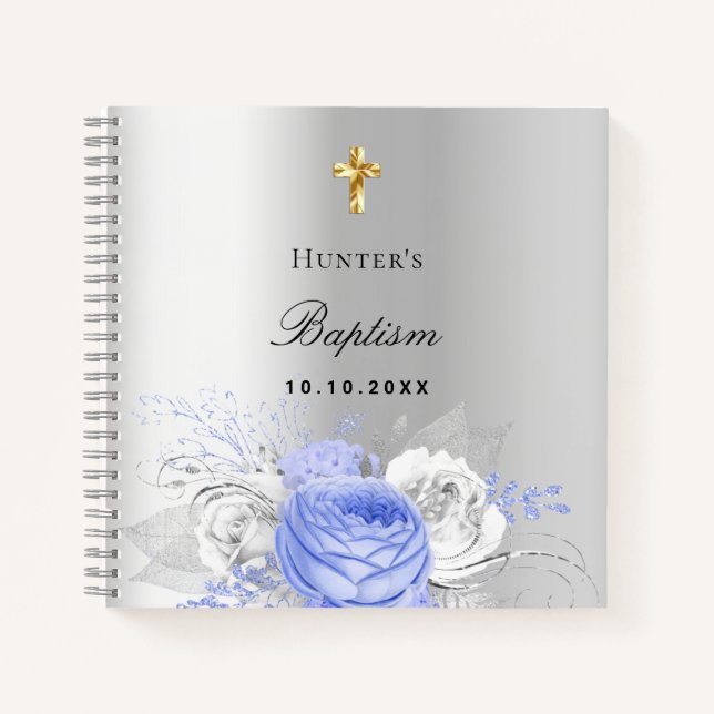 Livre d'hôtes baptême argent bleu garçon floraux (Devant)